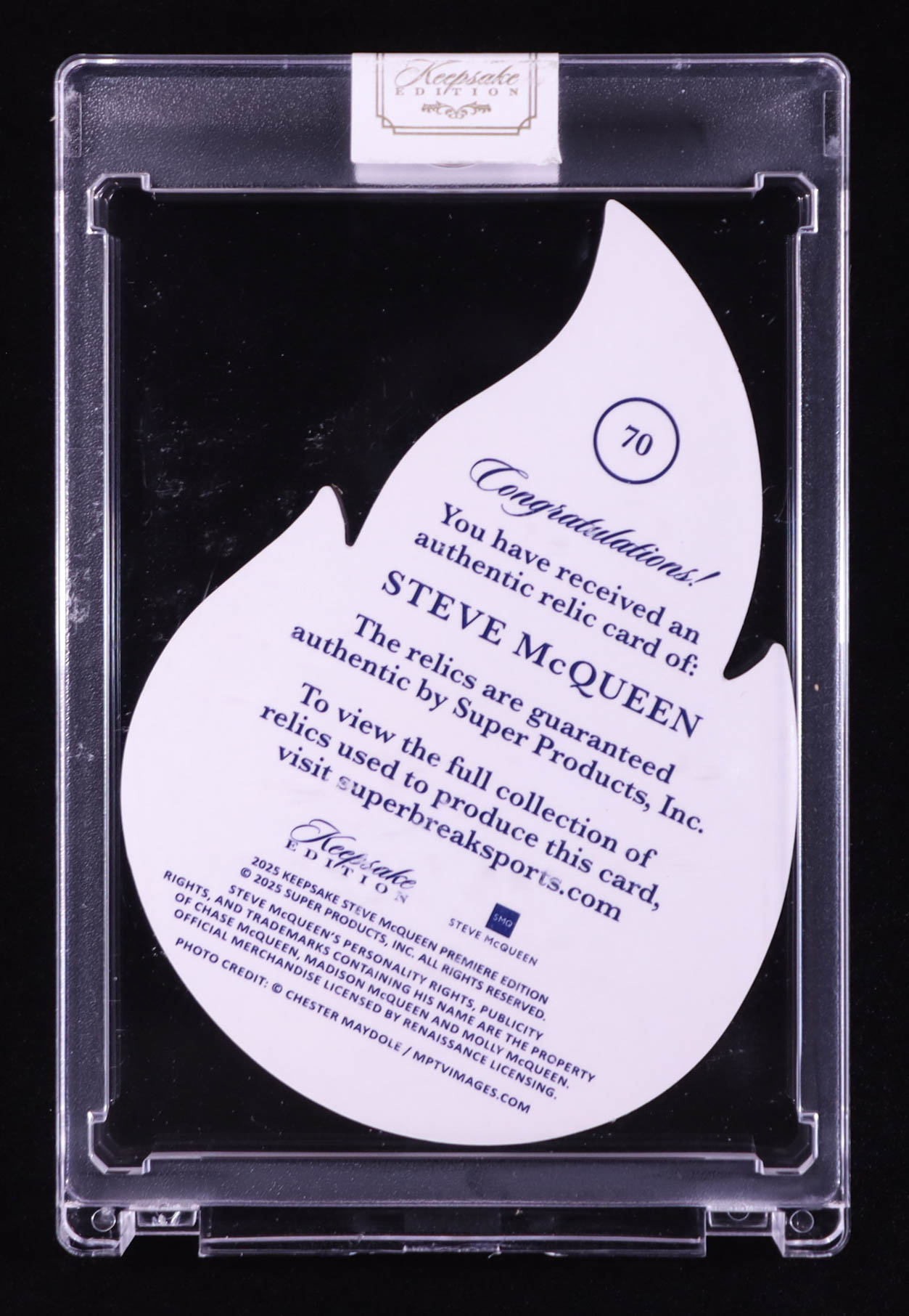 Steve McQueen 2025 Keepsake Edition Authentic Relic Die Cut #70 #20/50 at PristineAuction.com Steve McQueen 2025 Keepsake Edition Authentic Relic Die Cut #70 #20/50 at PristineAuction.com