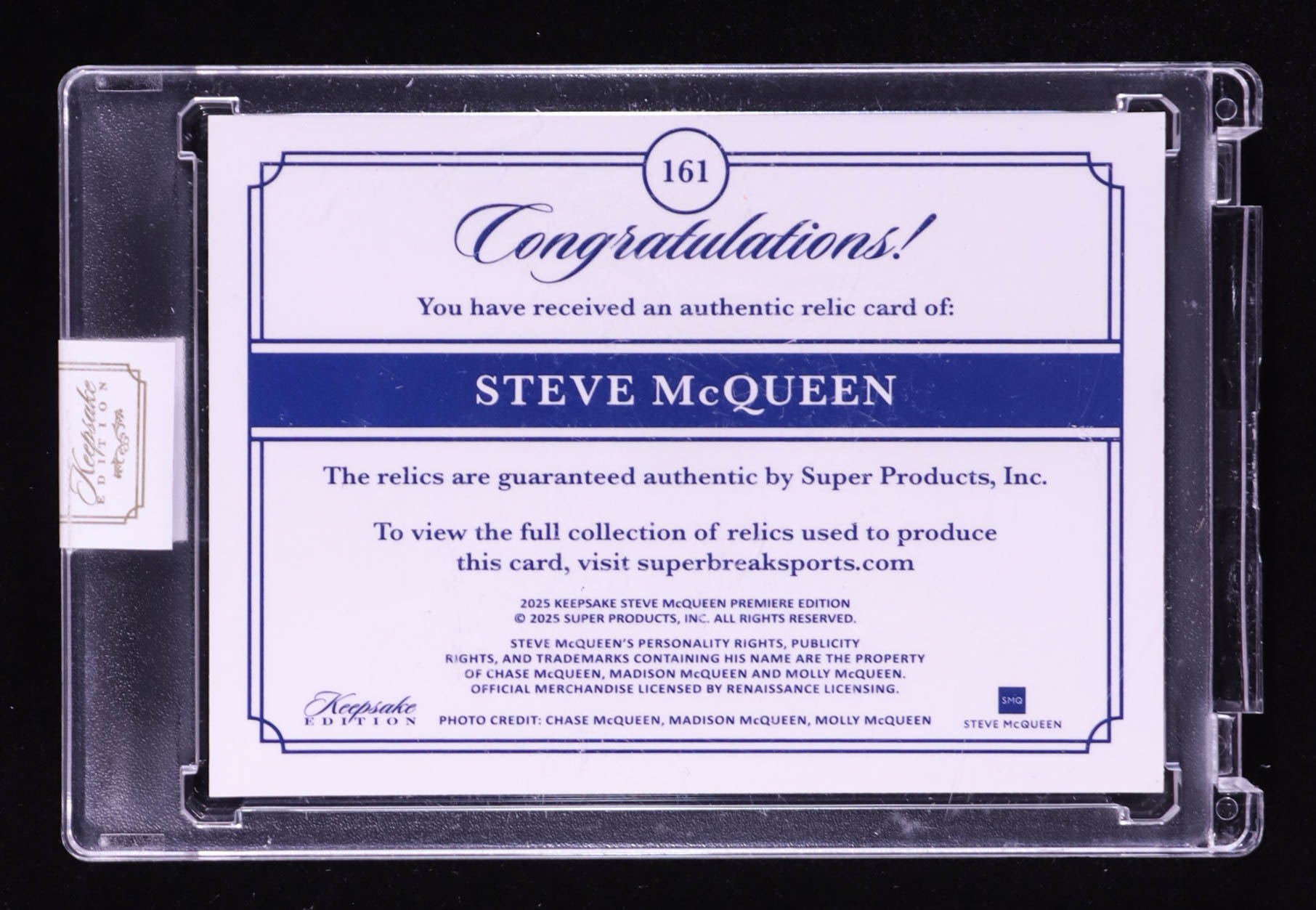 Steve McQueen 2025 Keepsake Edition Authentic Triple Relic #161 #21/50 at PristineAuction.com Steve McQueen 2025 Keepsake Edition Authentic Triple Relic #161 #21/50 at PristineAuction.com