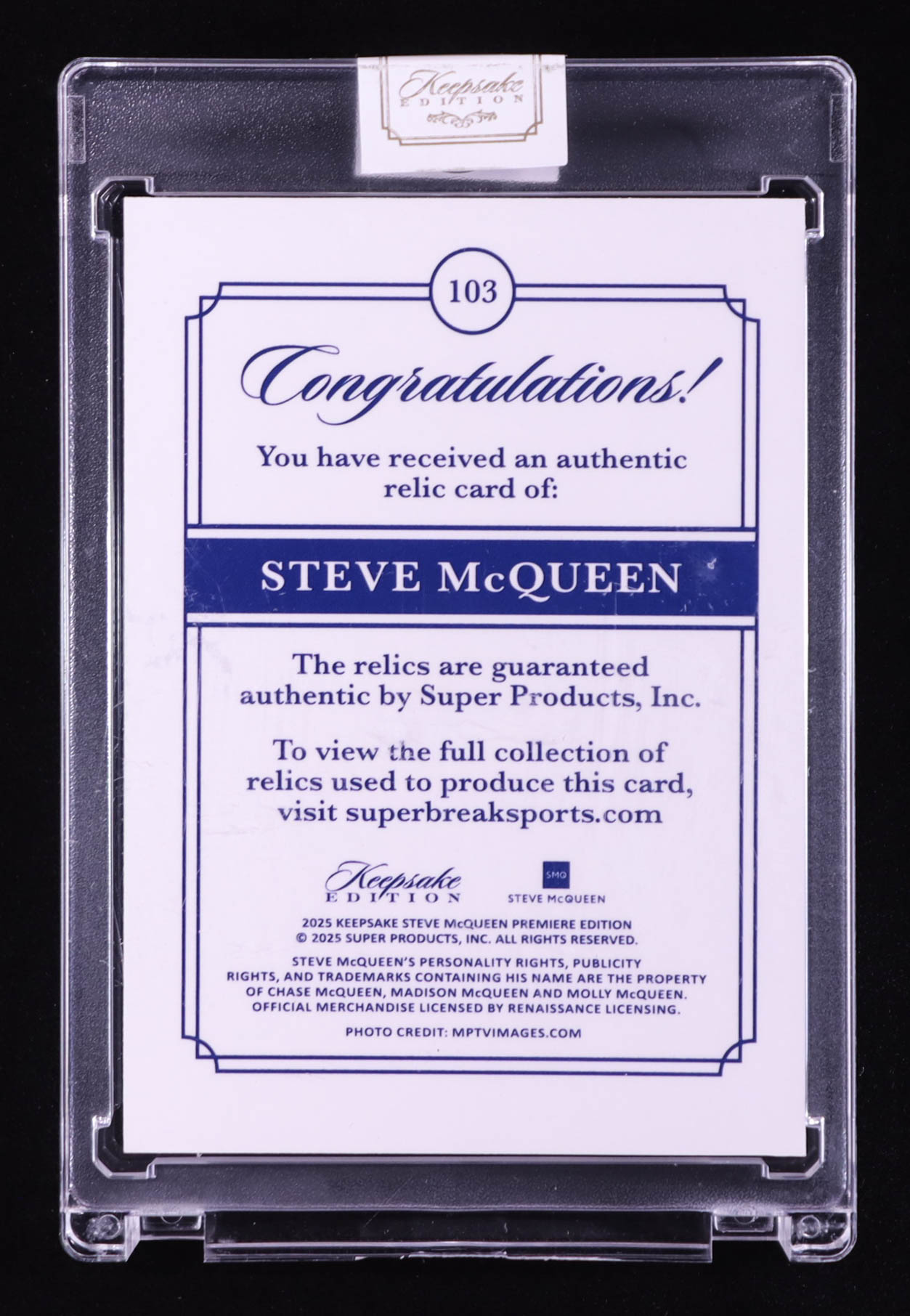 Steve McQueen 2025 Keepsake Edition Jumbo Gem Relics #103 #42/50 at PristineAuction.com Steve McQueen 2025 Keepsake Edition Jumbo Gem Relics #103 #42/50 at PristineAuction.com