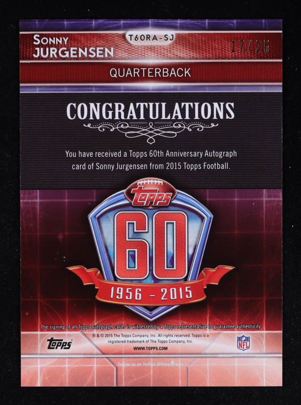 Sonny Jurgensen 2015 Topps 60th Anniversary Rookie Reprint Autographs Silver #T60RASJ #17/25 at PristineAuction.com Sonny Jurgensen 2015 Topps 60th Anniversary Rookie Reprint Autographs Silver #T60RASJ #17/25 at PristineAuction.com