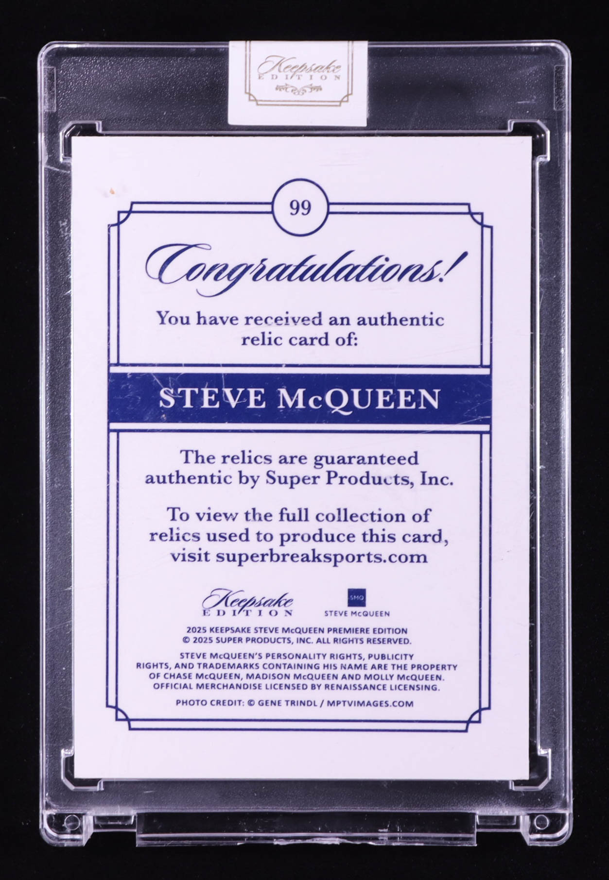 Steve McQueen 2025 Keepsake Edition Jumbo Gem Relics #99 #30/50 at PristineAuction.com Steve McQueen 2025 Keepsake Edition Jumbo Gem Relics #99 #30/50 at PristineAuction.com