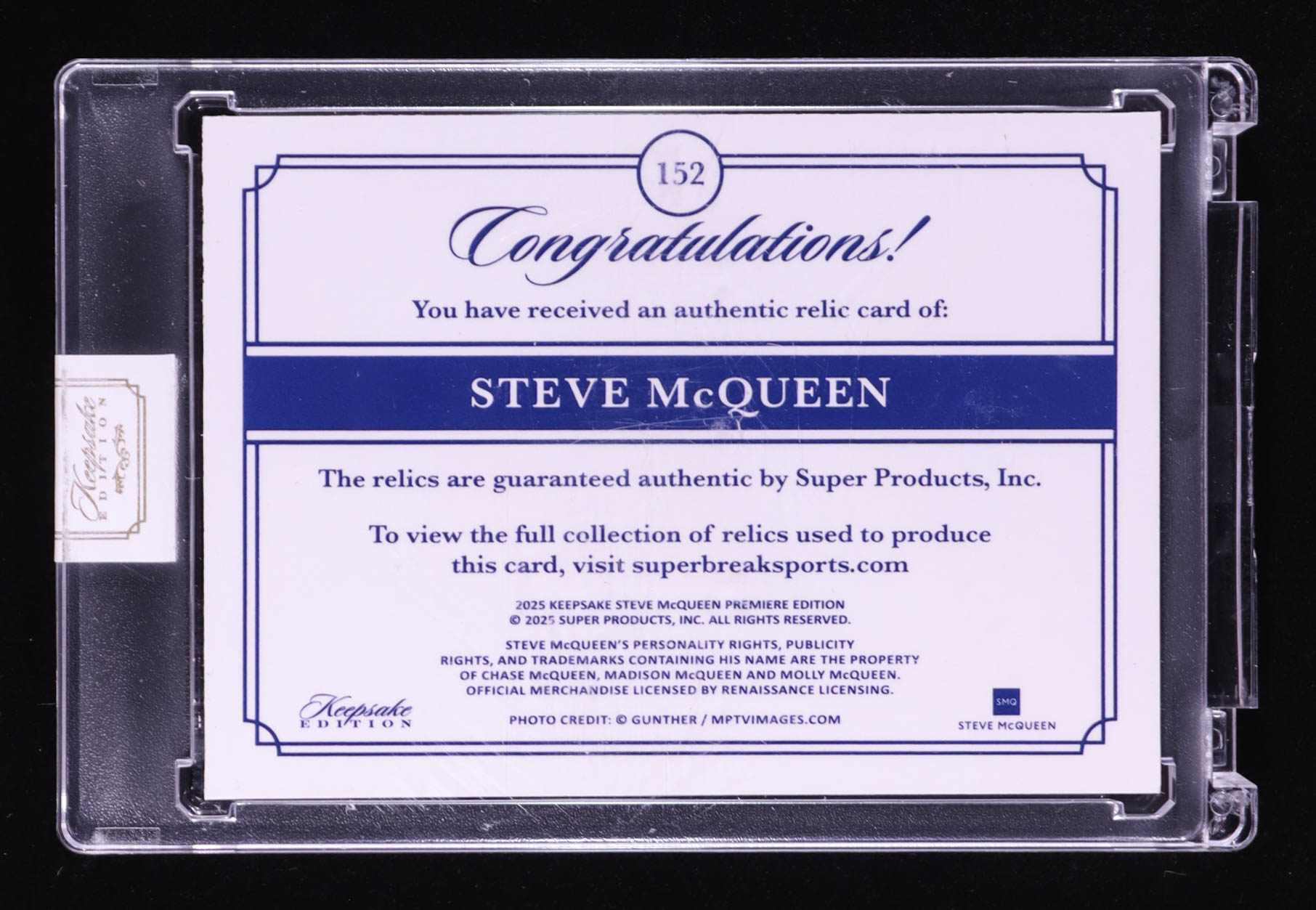 Steve McQueen 2025 Keepsake Edition Authentic Relics #152 #36/50 at PristineAuction.com Steve McQueen 2025 Keepsake Edition Authentic Relics #152 #36/50 at PristineAuction.com