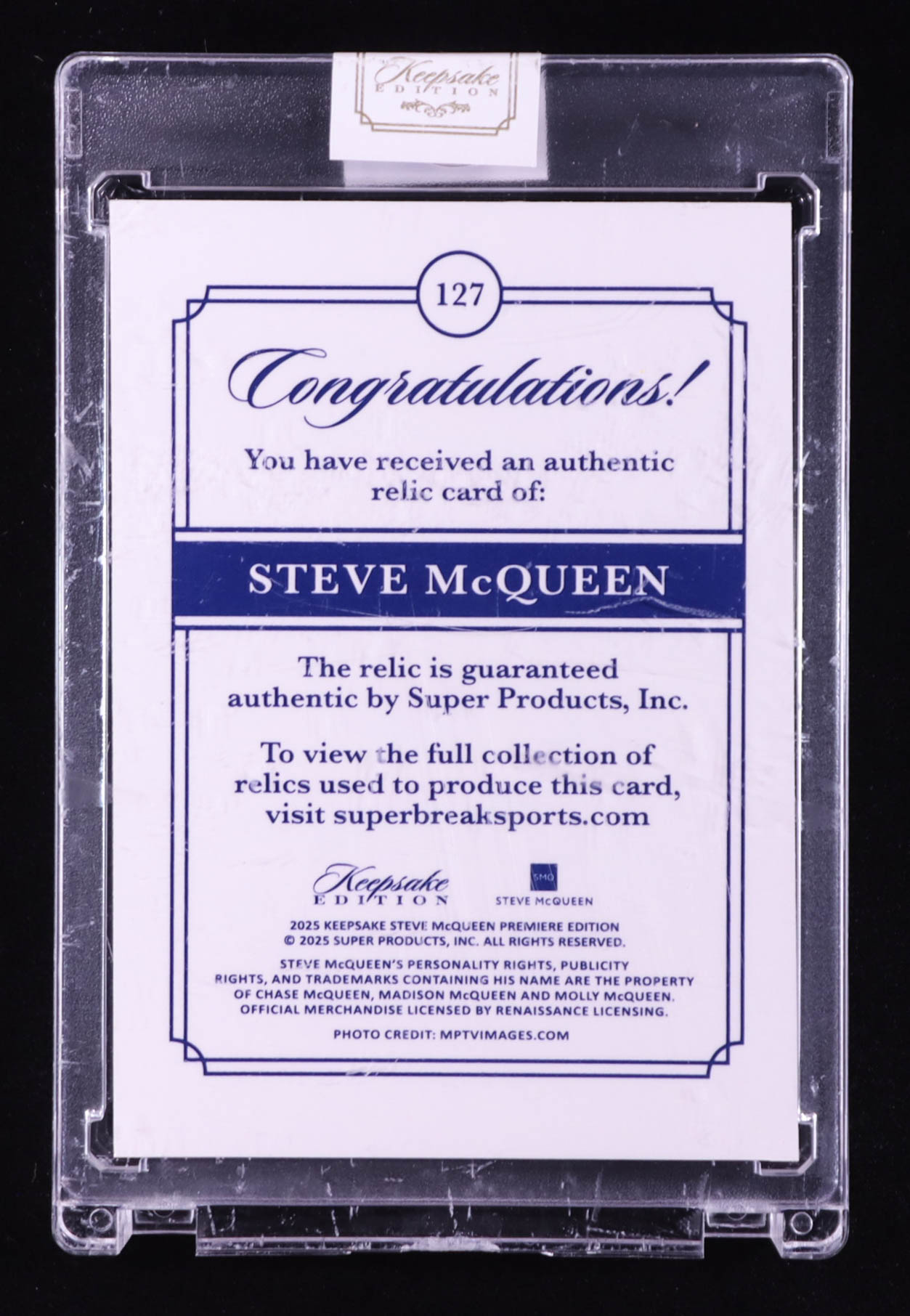 Steve McQueen 2025 Keepsake Edition Authentic Relics #127 #32/50 at PristineAuction.com Steve McQueen 2025 Keepsake Edition Authentic Relics #127 #32/50 at PristineAuction.com