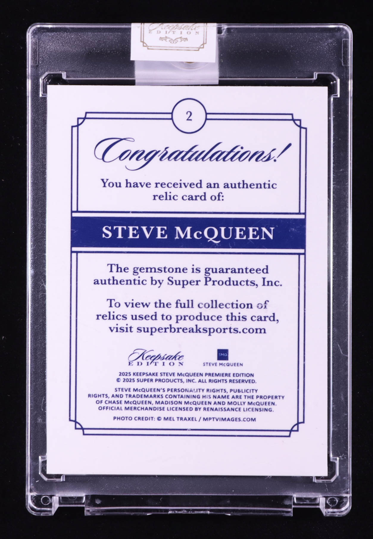 Steve McQueen 2025 Keepsake Edition Authentic Gemstone #2 #05/50 at PristineAuction.com Steve McQueen 2025 Keepsake Edition Authentic Gemstone #2 #05/50 at PristineAuction.com