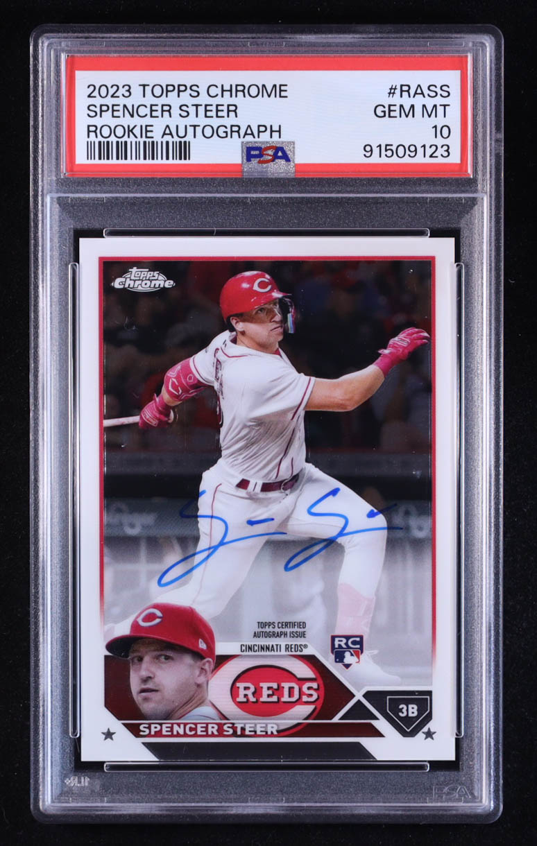 Spencer Steer 2023 Topps Chrome Rookie Autographs #RASS RC (PSA 10) at PristineAuction.com Spencer Steer 2023 Topps Chrome Rookie Autographs #RASS RC (PSA 10) at PristineAuction.com