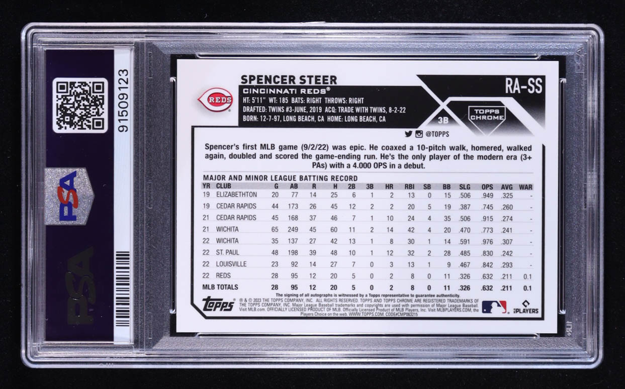 Spencer Steer 2023 Topps Chrome Rookie Autographs #RASS RC (PSA 10) at PristineAuction.com Spencer Steer 2023 Topps Chrome Rookie Autographs #RASS RC (PSA 10) at PristineAuction.com