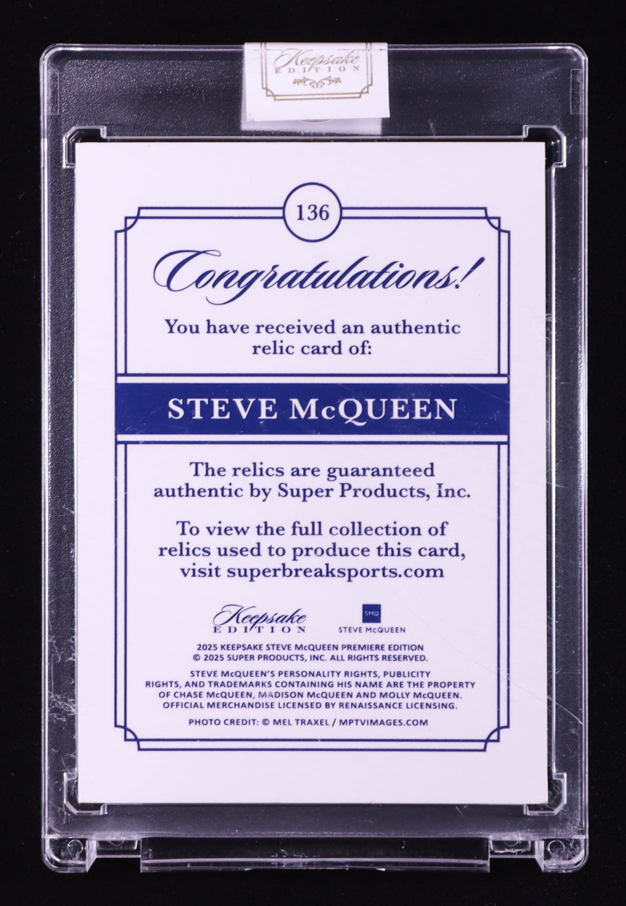 Steve McQueen 2025 Keepsake Edition Masterful Relics #136 #50/50 at PristineAuction.com Steve McQueen 2025 Keepsake Edition Masterful Relics #136 #50/50 at PristineAuction.com