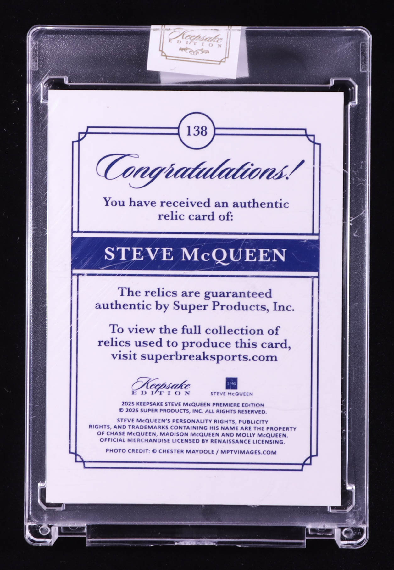 Steve McQueen 2025 Keepsake Edition Masterful Relics #138 #47/50 at PristineAuction.com Steve McQueen 2025 Keepsake Edition Masterful Relics #138 #47/50 at PristineAuction.com