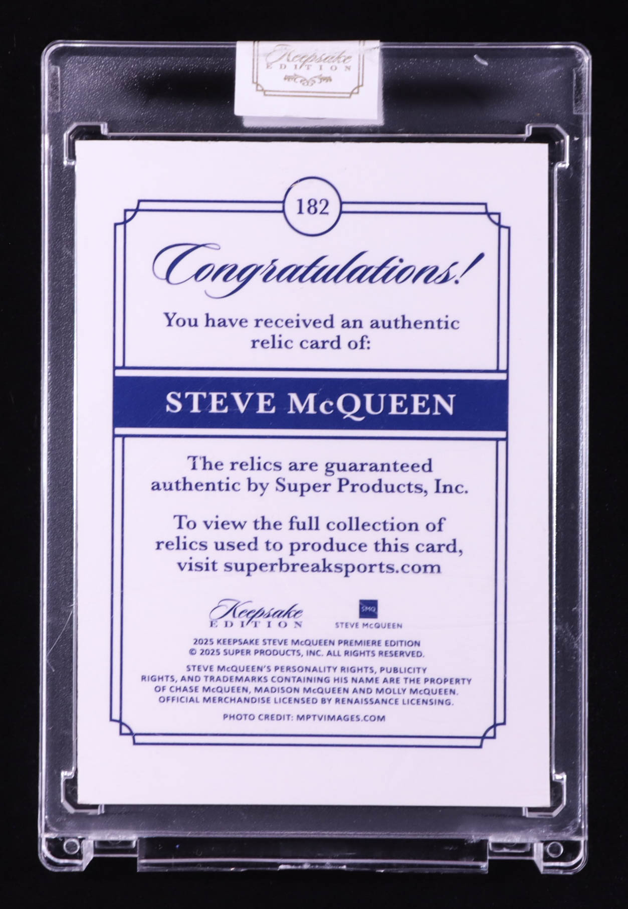 Steve McQueen 2025 Keepsake Edition Artistic Relic #182 #49/50 at PristineAuction.com Steve McQueen 2025 Keepsake Edition Artistic Relic #182 #49/50 at PristineAuction.com