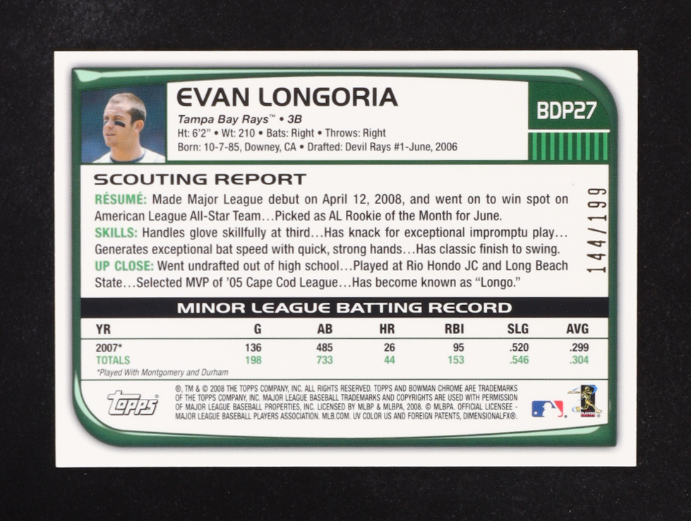 Evan Longoria 2008 Topps Bowman Chrome X-Fractor Auto #BDP27 RC #144/199 at PristineAuction.com Evan Longoria 2008 Topps Bowman Chrome X-Fractor Auto #BDP27 RC #144/199 at PristineAuction.com