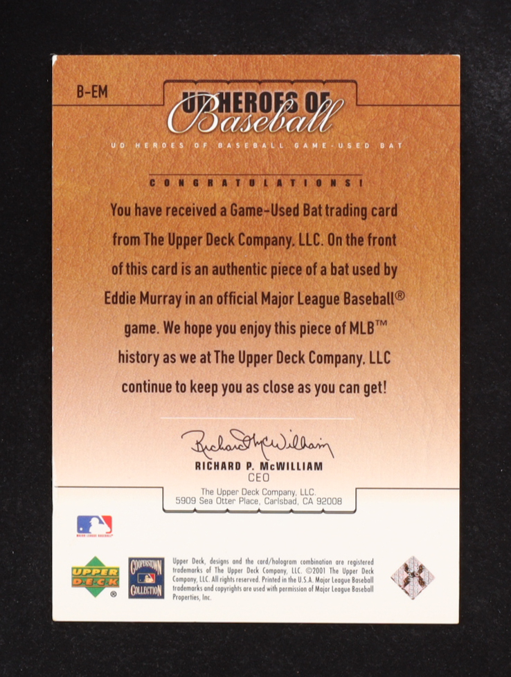 Eddie Murray 2001 Upper Deck Our Heroes Of Baseball Game-Used Bat #B-EM at PristineAuction.com Eddie Murray 2001 Upper Deck Our Heroes Of Baseball Game-Used Bat #B-EM at PristineAuction.com
