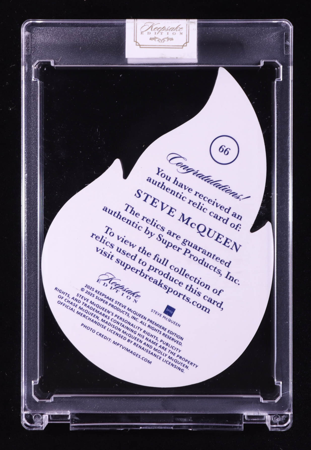 Steve McQueen 2025 Keepsake Edition Authentic Relic Die Cut #66 #17/50 at PristineAuction.com Steve McQueen 2025 Keepsake Edition Authentic Relic Die Cut #66 #17/50 at PristineAuction.com