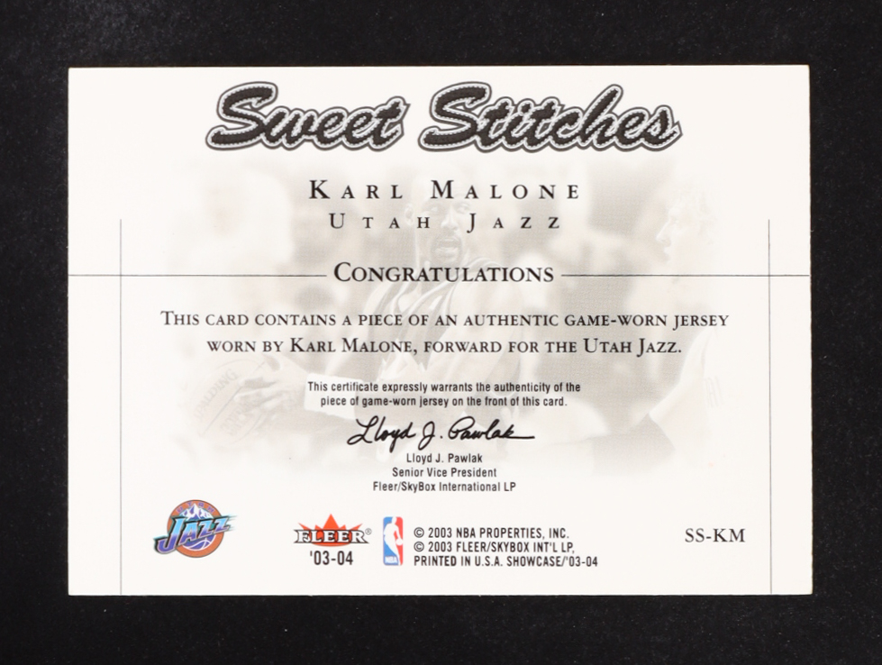 Karl Malone 2003-04 Fleer Sweet Stiches Memorabilia #SS-KM at PristineAuction.com Karl Malone 2003-04 Fleer Sweet Stiches Memorabilia #SS-KM at PristineAuction.com