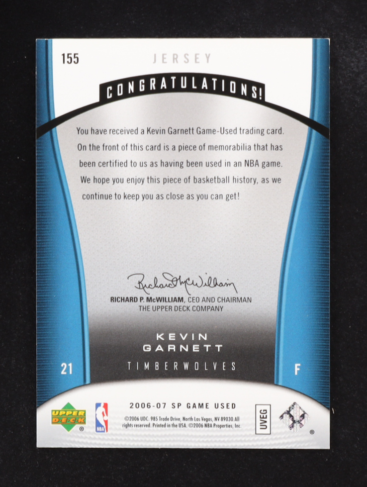 Kevin Garnett 2006-07 Upper Deck SP Authentic Fabrics Game Used Jersey #155 at PristineAuction.com Kevin Garnett 2006-07 Upper Deck SP Authentic Fabrics Game Used Jersey #155 at PristineAuction.com