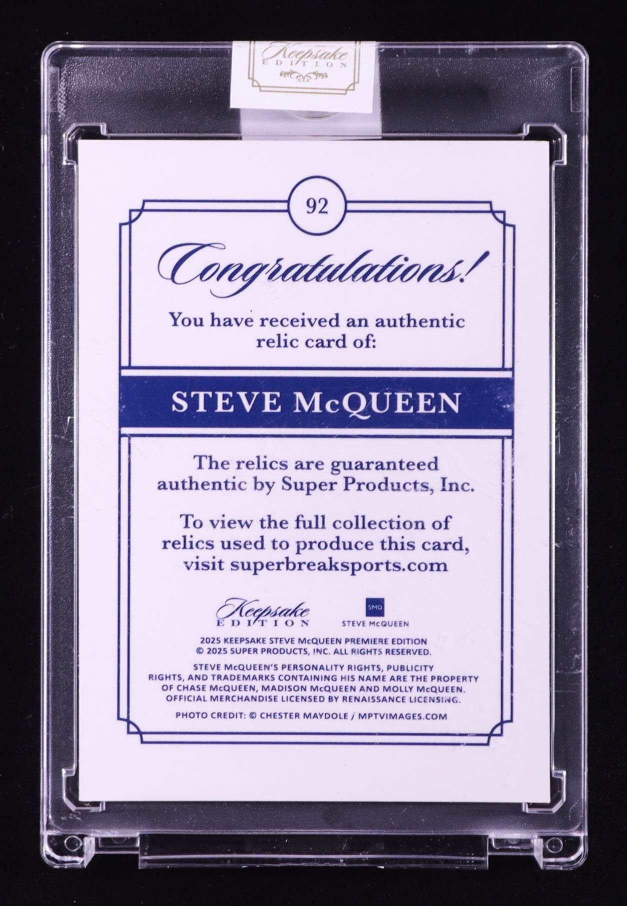 Steve McQueen 2025 Keepsake Edition Jumbo Gem Relics #92 #20/50 at PristineAuction.com Steve McQueen 2025 Keepsake Edition Jumbo Gem Relics #92 #20/50 at PristineAuction.com