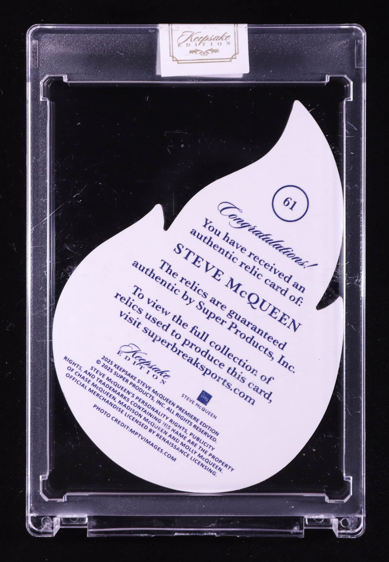 Steve McQueen 2025 Keepsake Edition Authentic Relic Die Cut #61 #01/50 at PristineAuction.com Steve McQueen 2025 Keepsake Edition Authentic Relic Die Cut #61 #01/50 at PristineAuction.com