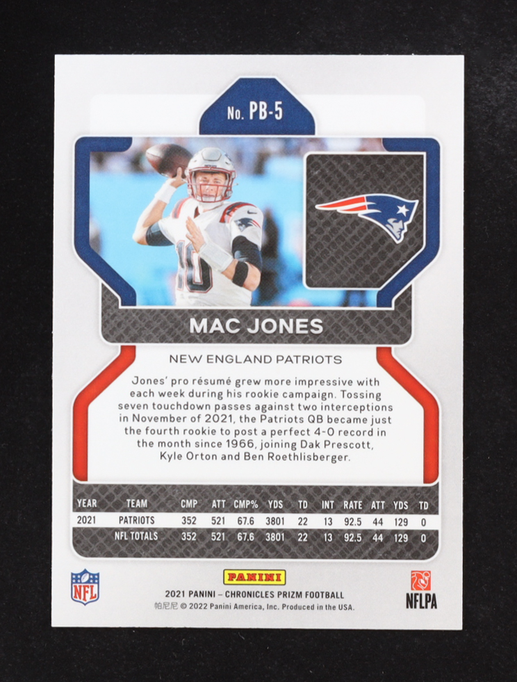 Mac Jones 2021 Panini Chronicles Prizm Black #5 RC at PristineAuction.com Mac Jones 2021 Panini Chronicles Prizm Black #5 RC at PristineAuction.com