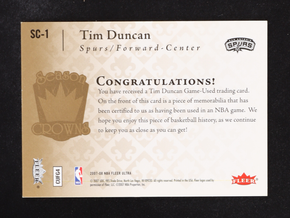 Tim Duncan 2007-08 NBA Fleer Ultra Season Crowns Memorabilia #SC-1 at PristineAuction.com Tim Duncan 2007-08 NBA Fleer Ultra Season Crowns Memorabilia #SC-1 at PristineAuction.com