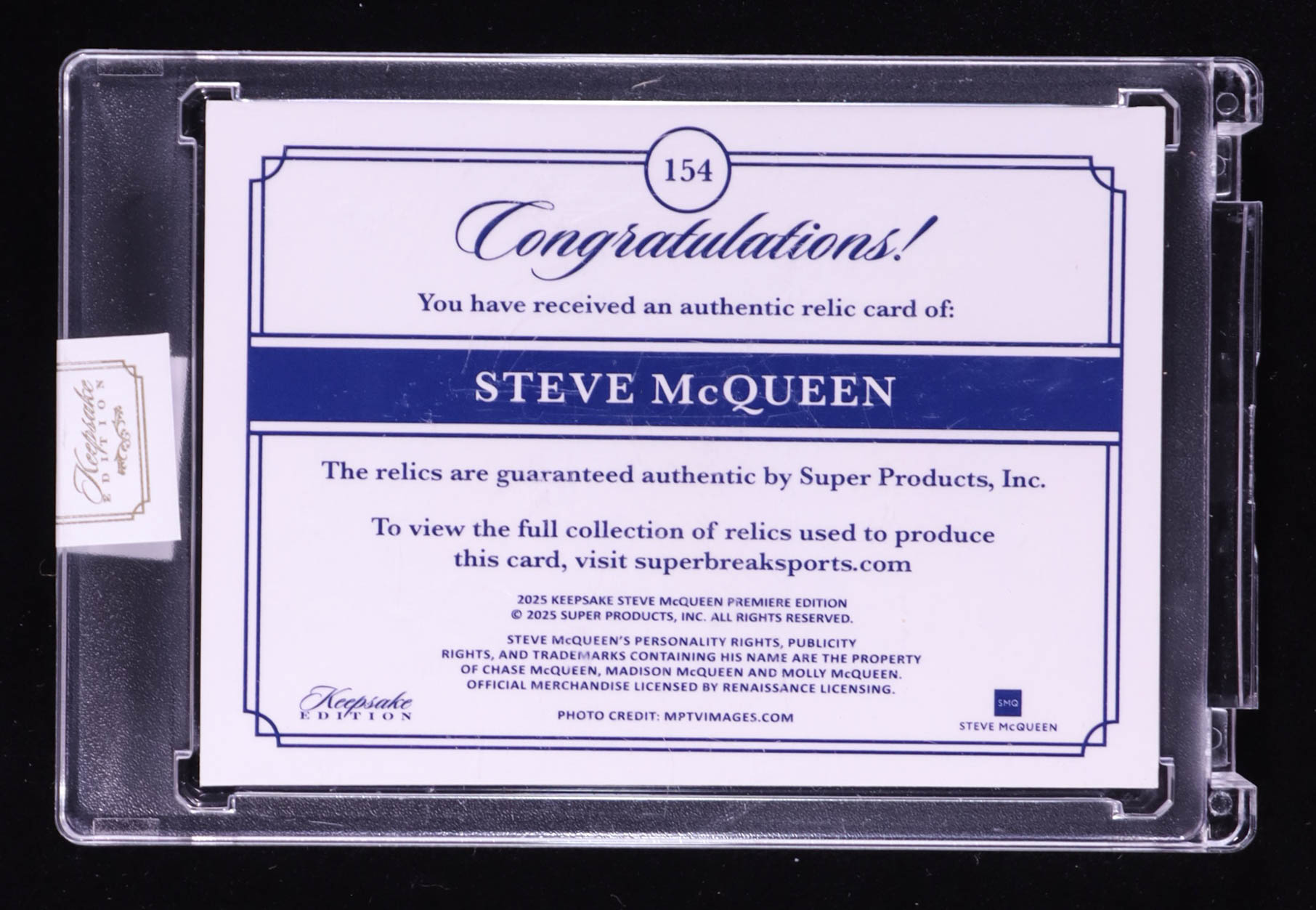 Steve McQueen 2025 Keepsake Edition Authentic Relics #154 #30/50 at PristineAuction.com Steve McQueen 2025 Keepsake Edition Authentic Relics #154 #30/50 at PristineAuction.com