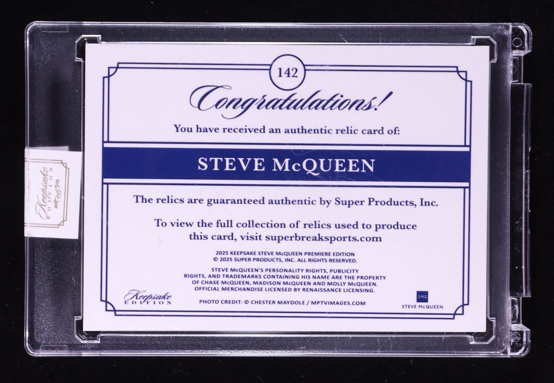 Steve McQueen 2025 Keepsake Edition Authentic Relics #142 #47/50 at PristineAuction.com Steve McQueen 2025 Keepsake Edition Authentic Relics #142 #47/50 at PristineAuction.com