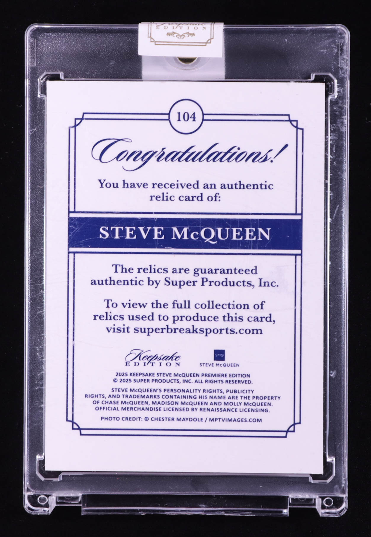 Steve McQueen 2025 Keepsake Edition Jumbo Gem Relics #104 #26/50 at PristineAuction.com Steve McQueen 2025 Keepsake Edition Jumbo Gem Relics #104 #26/50 at PristineAuction.com