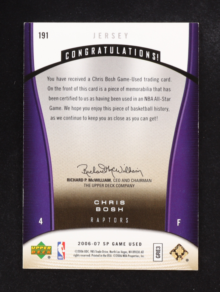 Chris Bosh 2006-07 SP Authentic Fabrics Game Used Jersey #191 #028/100 at PristineAuction.com Chris Bosh 2006-07 SP Authentic Fabrics Game Used Jersey #191 #028/100 at PristineAuction.com