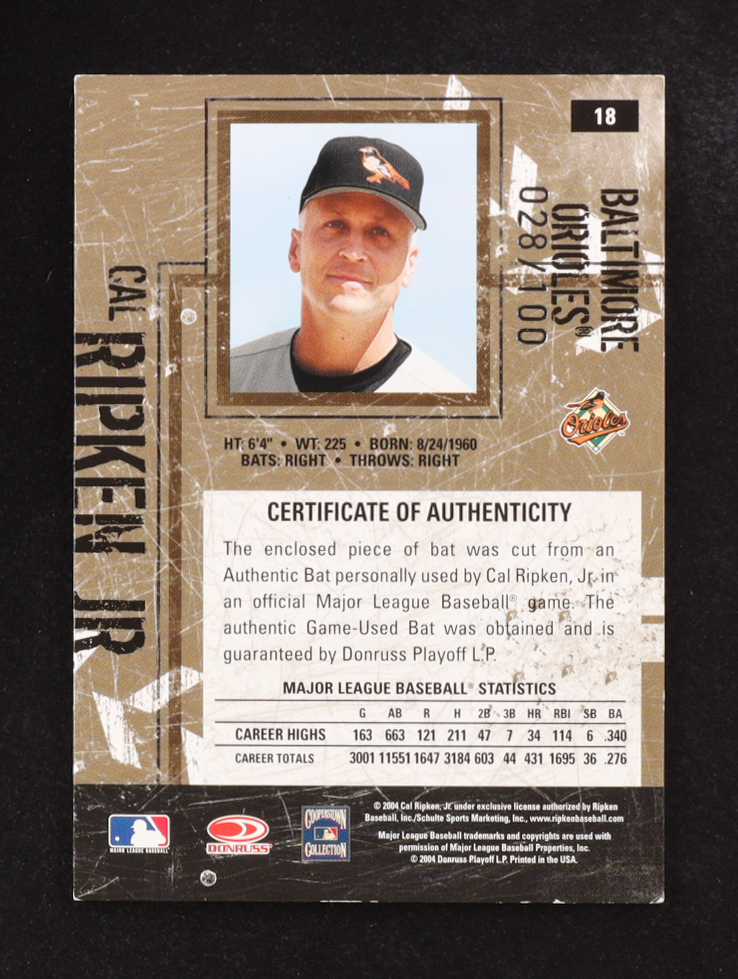 Cal Ripken Jr. 2004 Donruss Leather & Lumber #18 #028/100 at PristineAuction.com Cal Ripken Jr. 2004 Donruss Leather & Lumber #18 #028/100 at PristineAuction.com