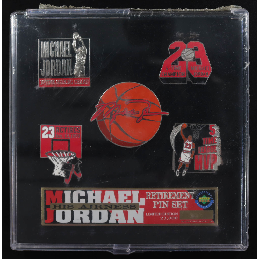 Michael Jordan "His Airness" Set of (5) LE Vintage Upper Deck Retirement Pins at PristineAuction.com