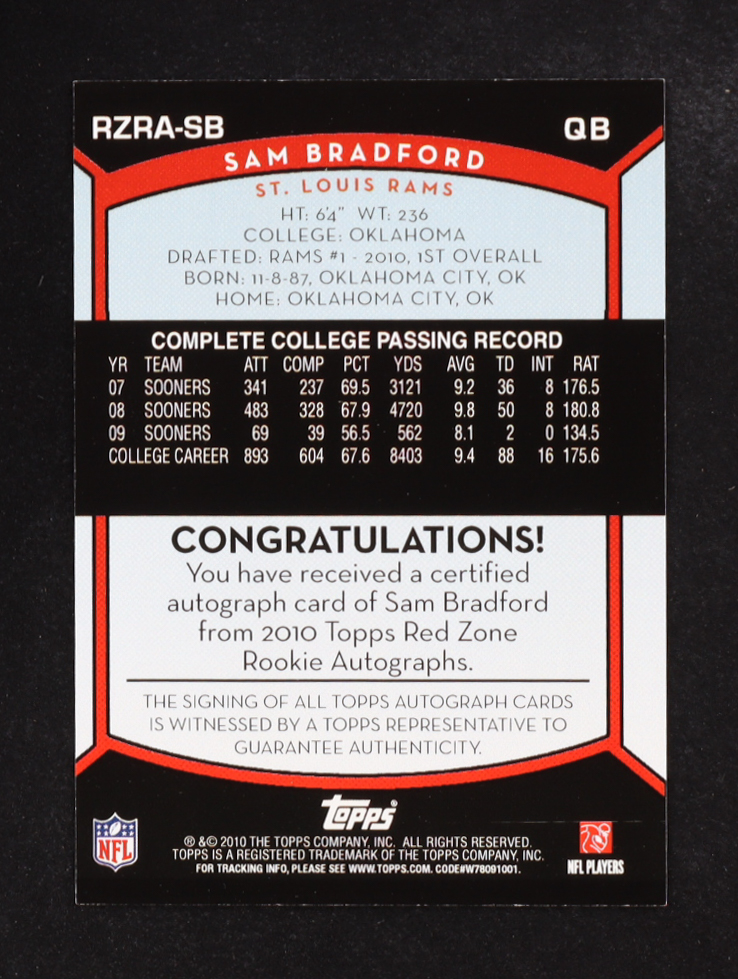 Sam Bradford 2010 Topps Red Zone Rookie Autographs #RXRA-SB RC #095/100 at PristineAuction.com Sam Bradford 2010 Topps Red Zone Rookie Autographs #RXRA-SB RC #095/100 at PristineAuction.com
