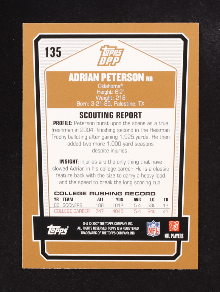 Adrian Peterson 2007 Topps Opp Draft Pick #135 RC at PristineAuction.com Adrian Peterson 2007 Topps Opp Draft Pick #135 RC at PristineAuction.com