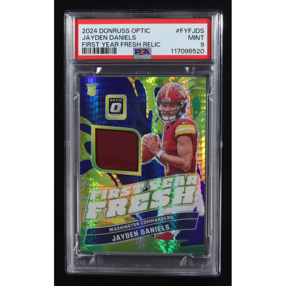 Jayden Daniels 2024 Donruss Optic First Year Fresh Jerseys Blue Hyper #17 RC (PSA 9) at PristineAuction.com