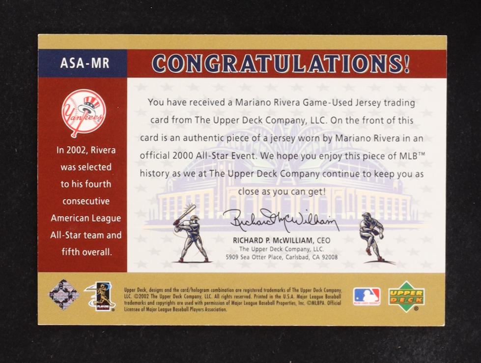 Mariano Rivera 2002 Upper Deck All Star Swatches #ASA-MR at PristineAuction.com Mariano Rivera 2002 Upper Deck All Star Swatches #ASA-MR at PristineAuction.com