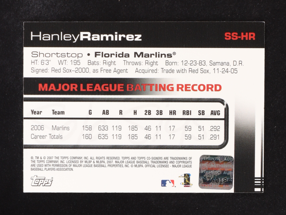Hanley Ramirez 2007 Topps Solo Sigs Autographs #SS-HR at PristineAuction.com Hanley Ramirez 2007 Topps Solo Sigs Autographs #SS-HR at PristineAuction.com
