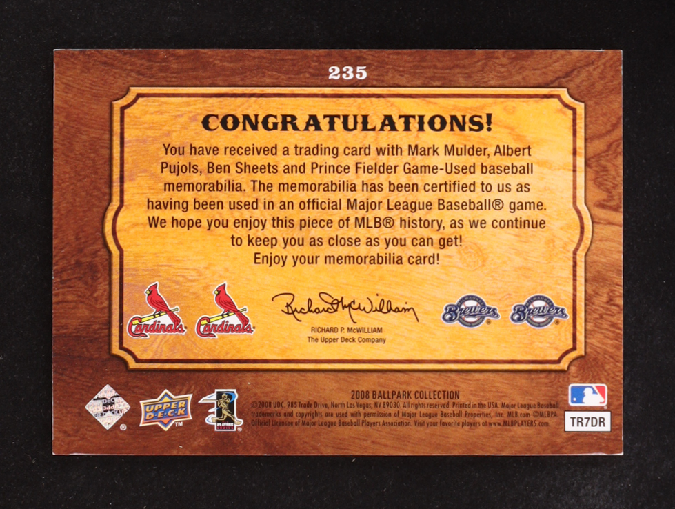 Mark Mulder/Albert Pujols/Ben Sheets/Prince Fielder 2008 Upper Deck Ballpark Collection Quad Swatch Memorabilia #235 at PristineAuction.com Mark Mulder/Albert Pujols/Ben Sheets/Prince Fielder 2008 Upper Deck Ballpark Collection Quad Swatch Memorabilia #235 at PristineAuction.com