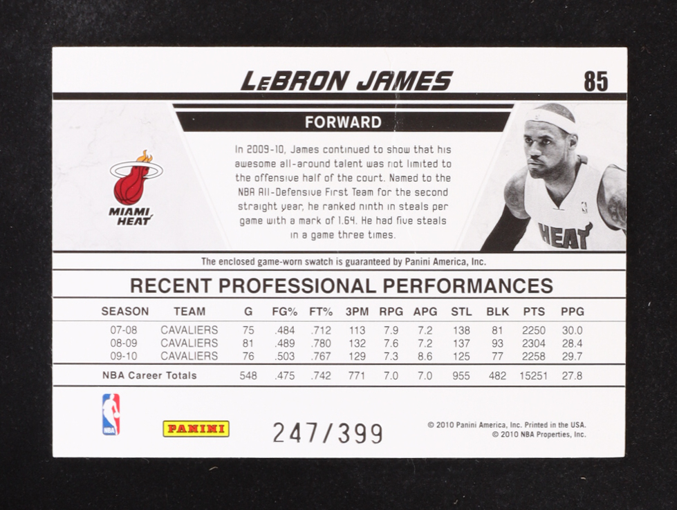Lebron James 2010 Panini Donruss Production Line #85 #247/399 at PristineAuction.com Lebron James 2010 Panini Donruss Production Line #85 #247/399 at PristineAuction.com