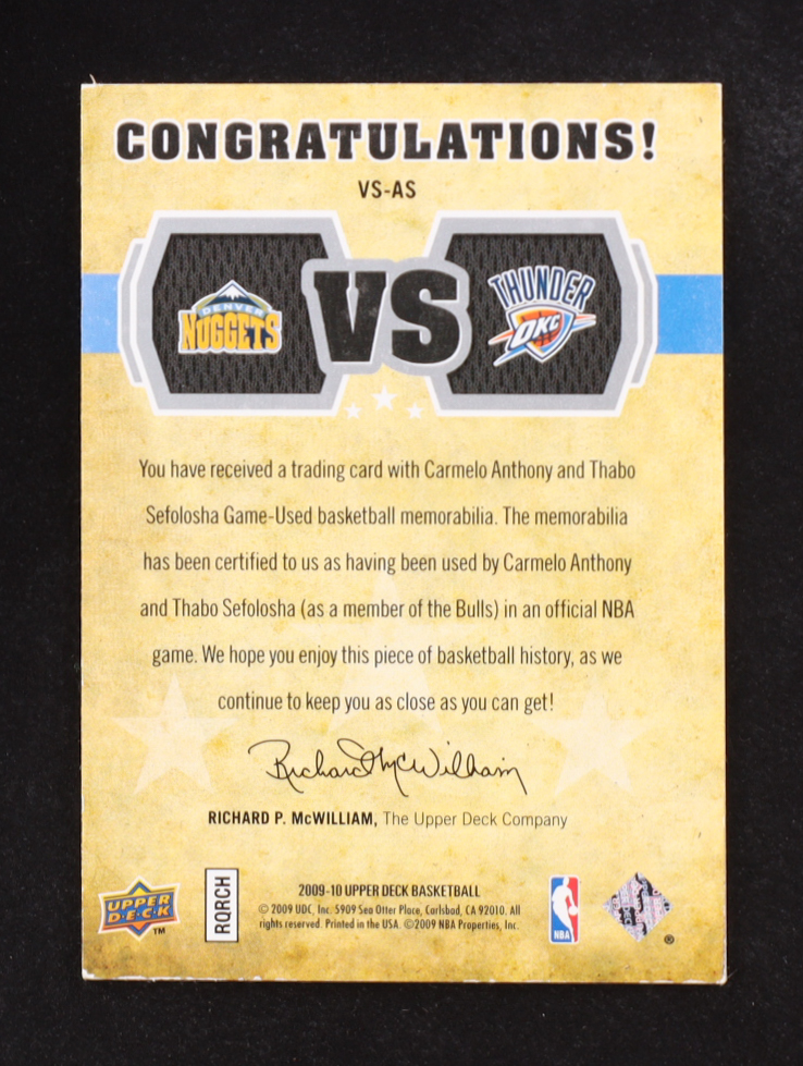 Carmelo Anthony/Thabo Sefolosha 2009-10 Upper Deck Materials #VS-AS #519/600 at PristineAuction.com Carmelo Anthony/Thabo Sefolosha 2009-10 Upper Deck Materials #VS-AS #519/600 at PristineAuction.com