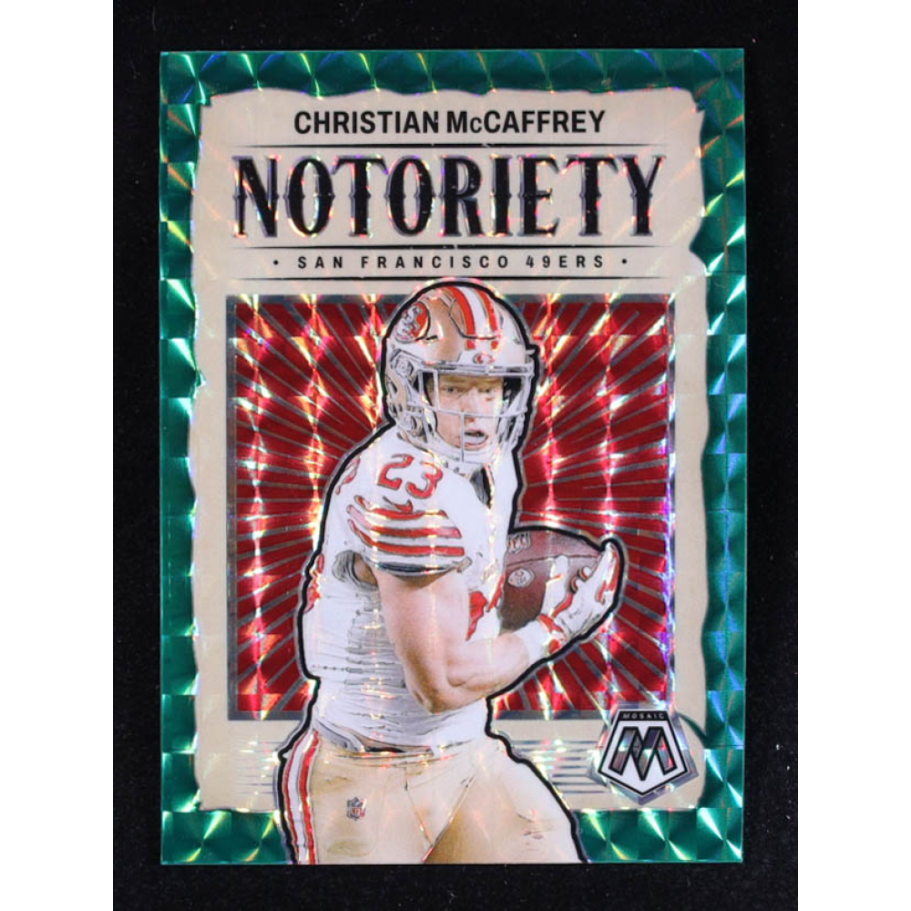 Christian McCaffrey 2024 Panini Mosaic Notoriety Mosaic Green #9 at PristineAuction.com