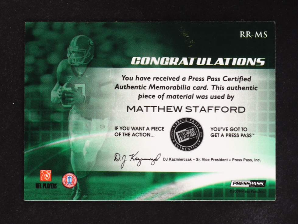 Matthew Stafford 2009 Press Pass Fusion Revered Relics Silver #RR-MS RC #095/199 at PristineAuction.com Matthew Stafford 2009 Press Pass Fusion Revered Relics Silver #RR-MS RC #095/199 at PristineAuction.com