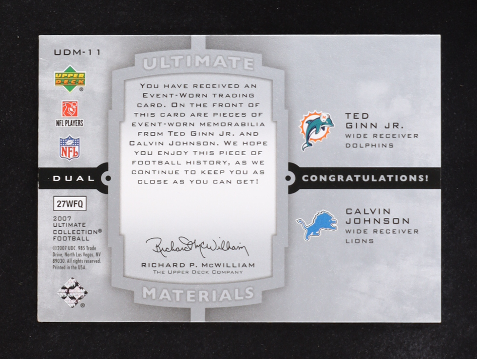 Ted Ginn Jr. /Calvin Johnson 2007 Upper Deck Collection Ultimate Materials #UDM-11 #60/75 at PristineAuction.com Ted Ginn Jr. /Calvin Johnson 2007 Upper Deck Collection Ultimate Materials #UDM-11 #60/75 at PristineAuction.com