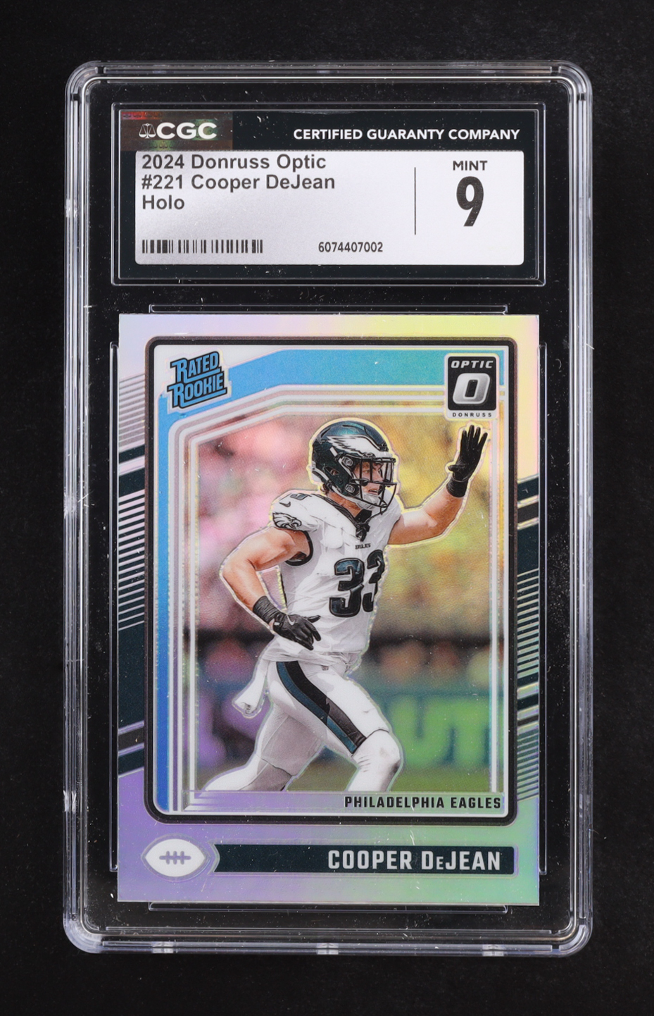Cooper DeJean 2024 Donruss Optic Rated Rookie Holo #221 RC (CGC 9) at PristineAuction.com Cooper DeJean 2024 Donruss Optic Rated Rookie Holo #221 RC (CGC 9) at PristineAuction.com