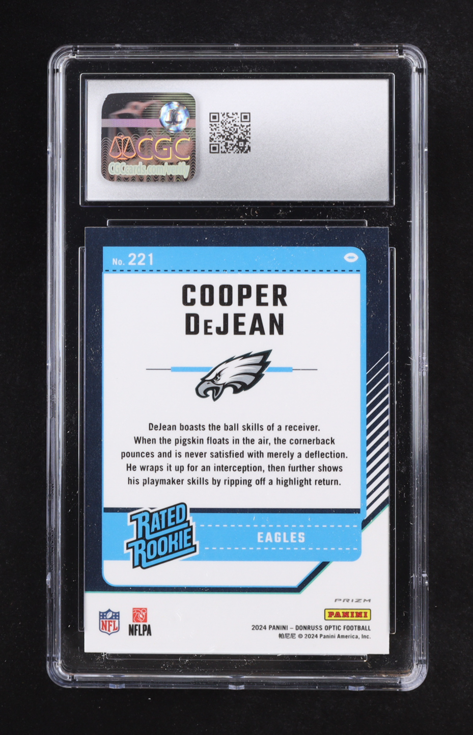 Cooper DeJean 2024 Donruss Optic Rated Rookie Holo #221 RC (CGC 9) at PristineAuction.com Cooper DeJean 2024 Donruss Optic Rated Rookie Holo #221 RC (CGC 9) at PristineAuction.com