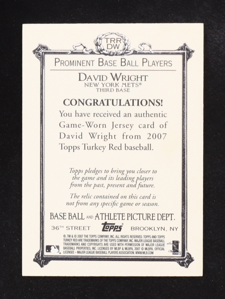 David Wright 2007 Topps Turkey Red Game Worn Relics #DW at PristineAuction.com David Wright 2007 Topps Turkey Red Game Worn Relics #DW at PristineAuction.com