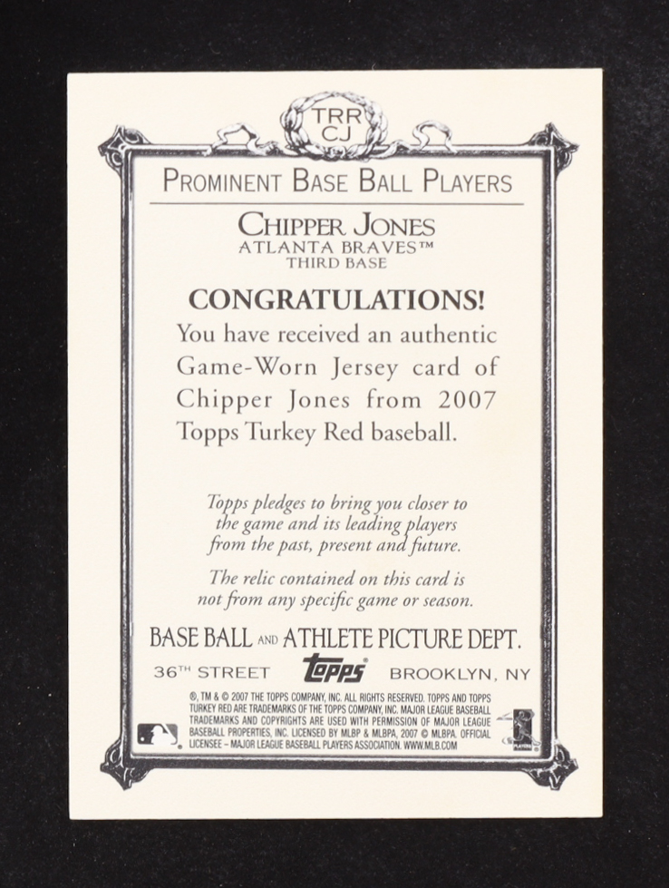 Chipper Jones 2007 Topps Turkey Red Game Worn Relics #CJ at PristineAuction.com Chipper Jones 2007 Topps Turkey Red Game Worn Relics #CJ at PristineAuction.com