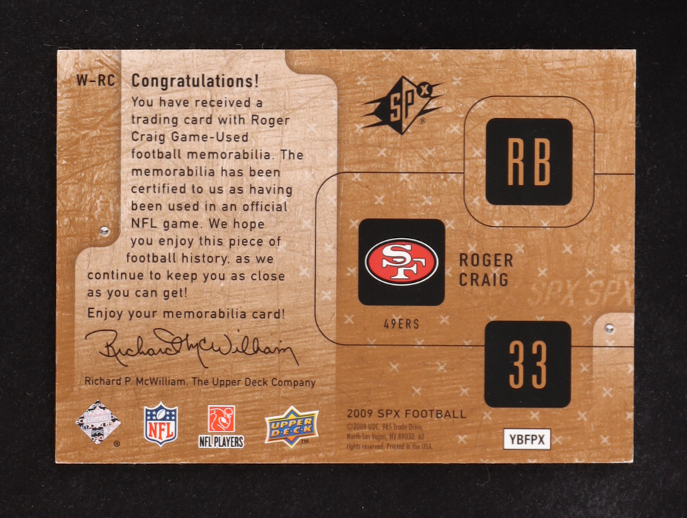 Roger Craig 2009 Upper Deck SPX Football Winning Materials #W-RC #77/99 at PristineAuction.com Roger Craig 2009 Upper Deck SPX Football Winning Materials #W-RC #77/99 at PristineAuction.com