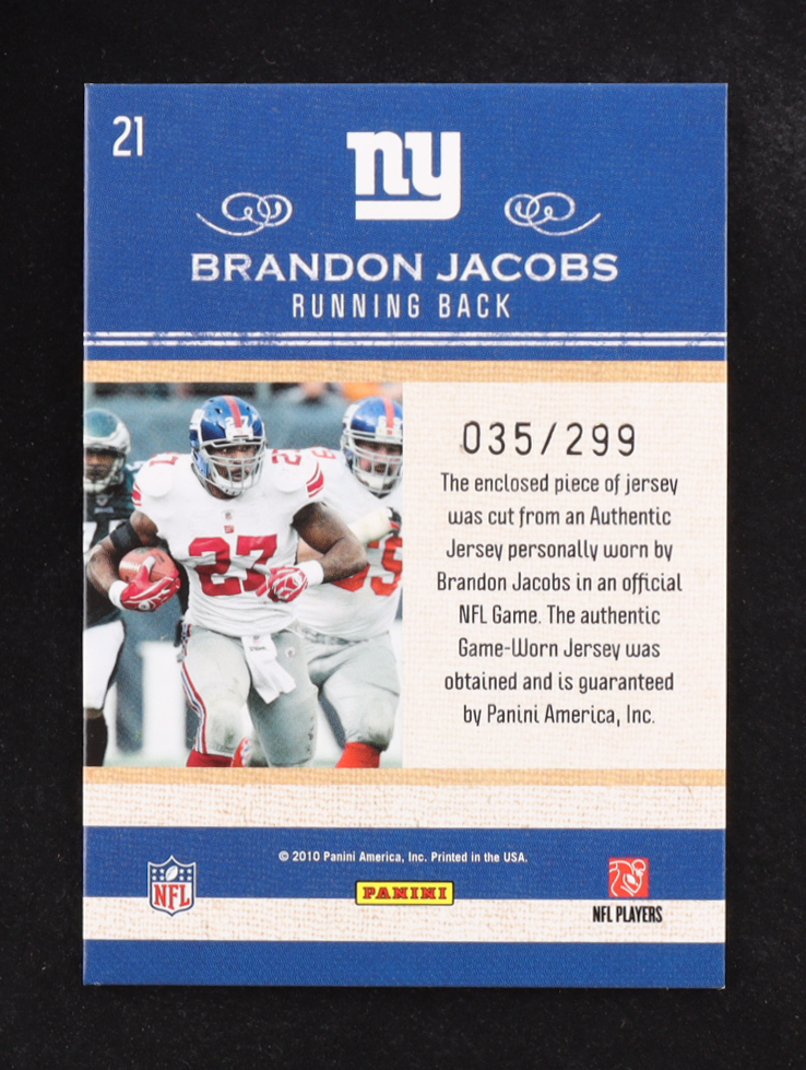 Brandon Jacobs 2010 Panini Classics Dress Code #21 #035/299 at PristineAuction.com Brandon Jacobs 2010 Panini Classics Dress Code #21 #035/299 at PristineAuction.com