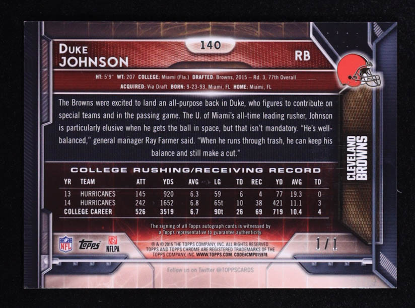 Duke Johnson 2015 Topps Chrome Rookie Autographs Superfractors #140 RC #1/1 at PristineAuction.com Duke Johnson 2015 Topps Chrome Rookie Autographs Superfractors #140 RC #1/1 at PristineAuction.com