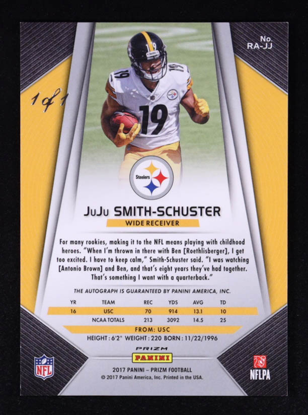 JuJu Smith-Schuster 2017 Panini Prizm Rookie Autographs Prizms Black Finite #RAJJ RC #1/1 at PristineAuction.com JuJu Smith-Schuster 2017 Panini Prizm Rookie Autographs Prizms Black Finite #RAJJ RC #1/1 at PristineAuction.com
