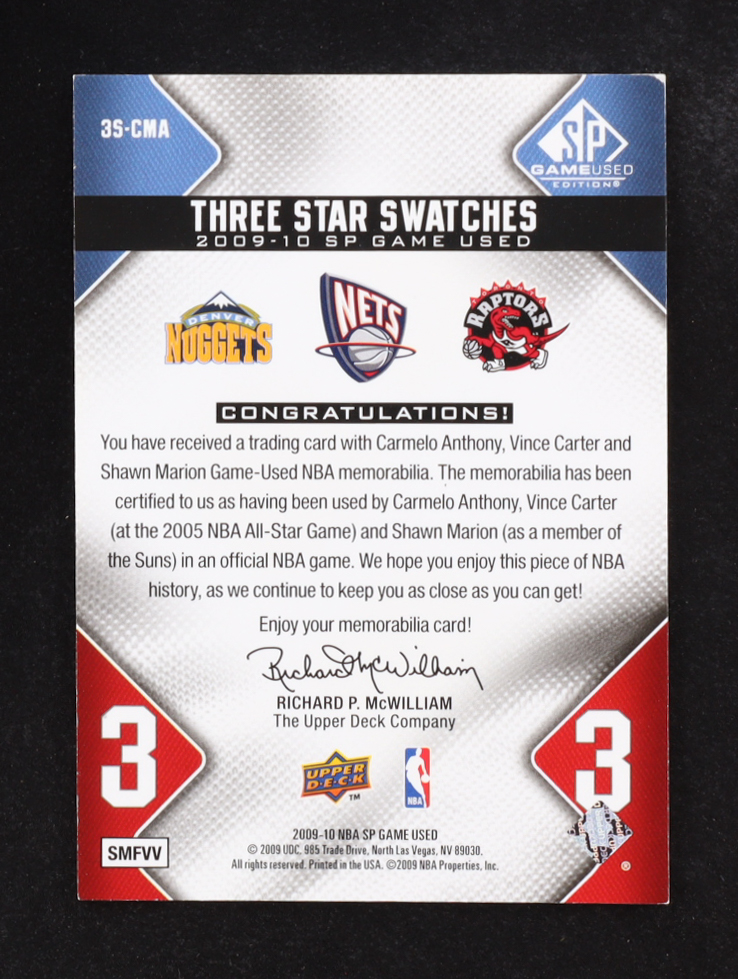 Carmelo Anthony/Vince Carter/Shawn Marion 2009-10 Upper Deck SP Star Swatches #35-CMA #099/299 at PristineAuction.com Carmelo Anthony/Vince Carter/Shawn Marion 2009-10 Upper Deck SP Star Swatches #35-CMA #099/299 at PristineAuction.com
