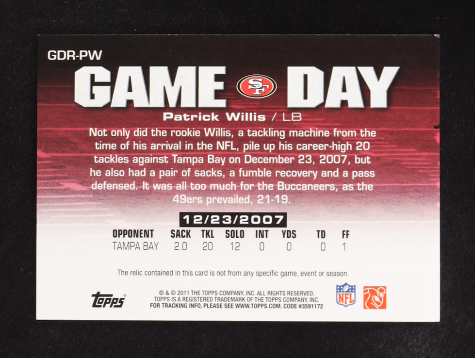 Patrick Willis 2011 Topps Game Day Used Relic Jersey #GDR-PW at PristineAuction.com Patrick Willis 2011 Topps Game Day Used Relic Jersey #GDR-PW at PristineAuction.com