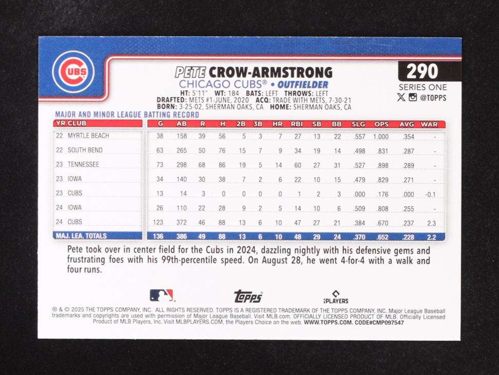 Pete Crow-Armstrong 2025 Topps #290 at PristineAuction.com Pete Crow-Armstrong 2025 Topps #290 at PristineAuction.com